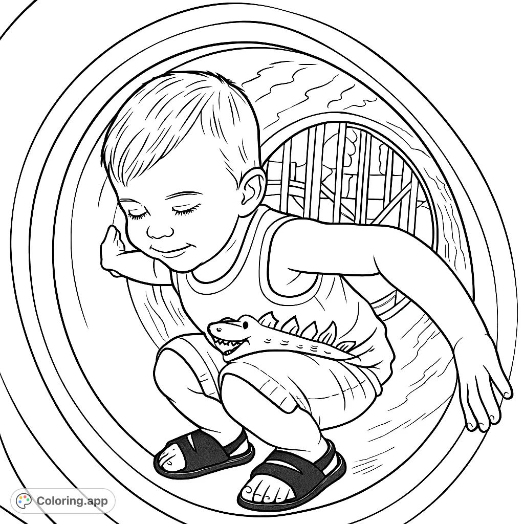A cheerful child exploring a playground tunnel, ready for a fun coloring adventure.