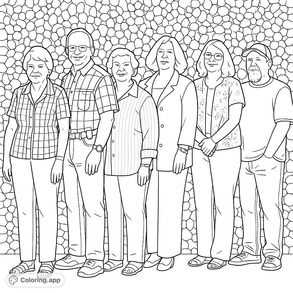 Color a group of six adults standing together, featuring detailed clothing and a textured pebble wall background. Perfect for personalizing!