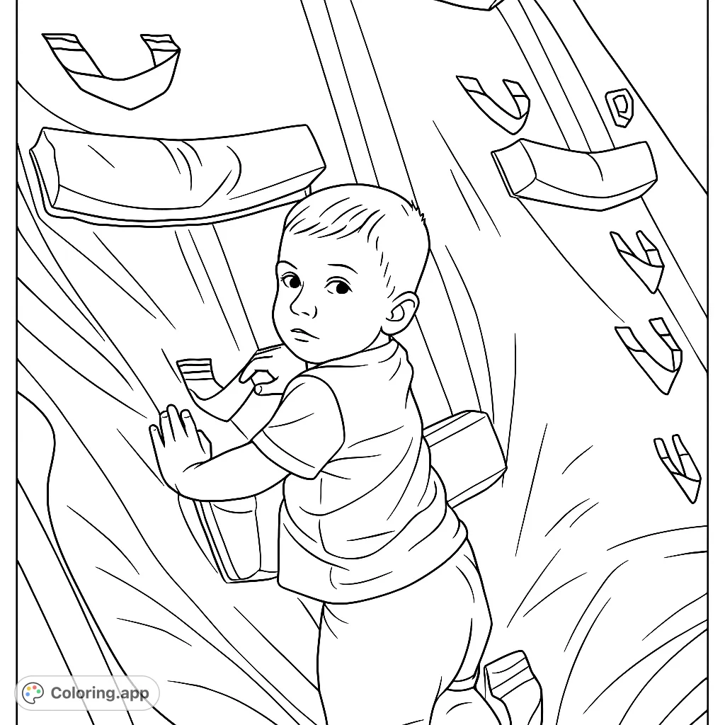 A playful toddler explores an inflatable climbing structure, reaching for holds. Perfect for young adventurers to color and imagine their own bouncy fun!
