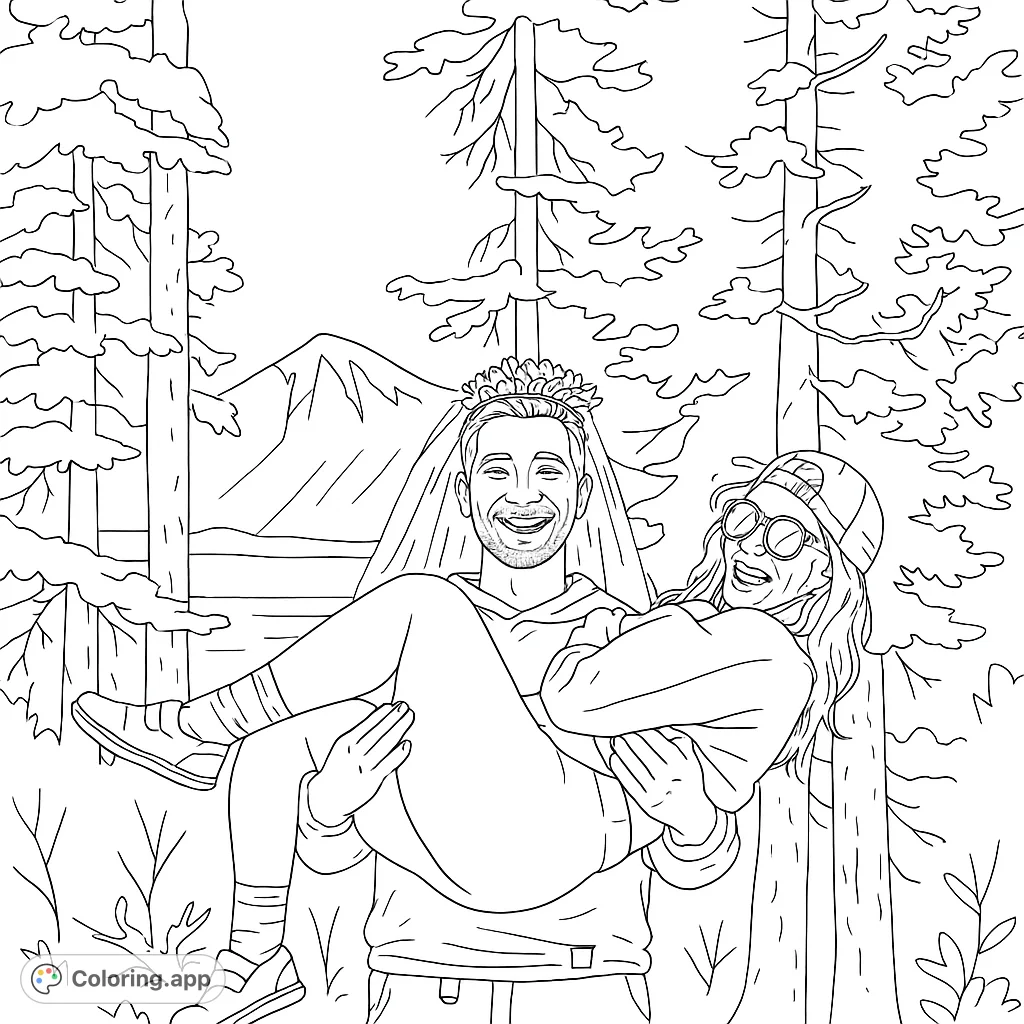 Joyful couple in a mountain landscape, man holding woman with flower crown and veil. Perfect for a romantic mountain adventure coloring page.