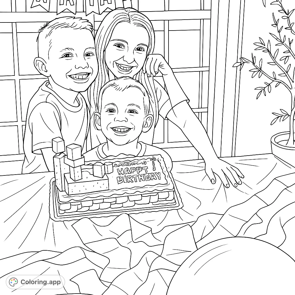 Three happy kids celebrate a birthday with a fun, block-themed cake. A joyful scene perfect for a free printable coloring page.