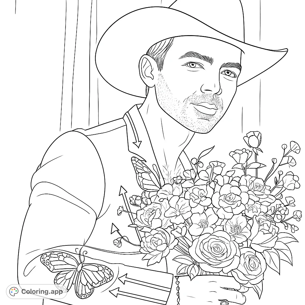 A stylish man in a cowboy hat and butterfly-embroidered jacket holds a vibrant bouquet. A unique blend of Western charm and floral elegance awaits your colors.
