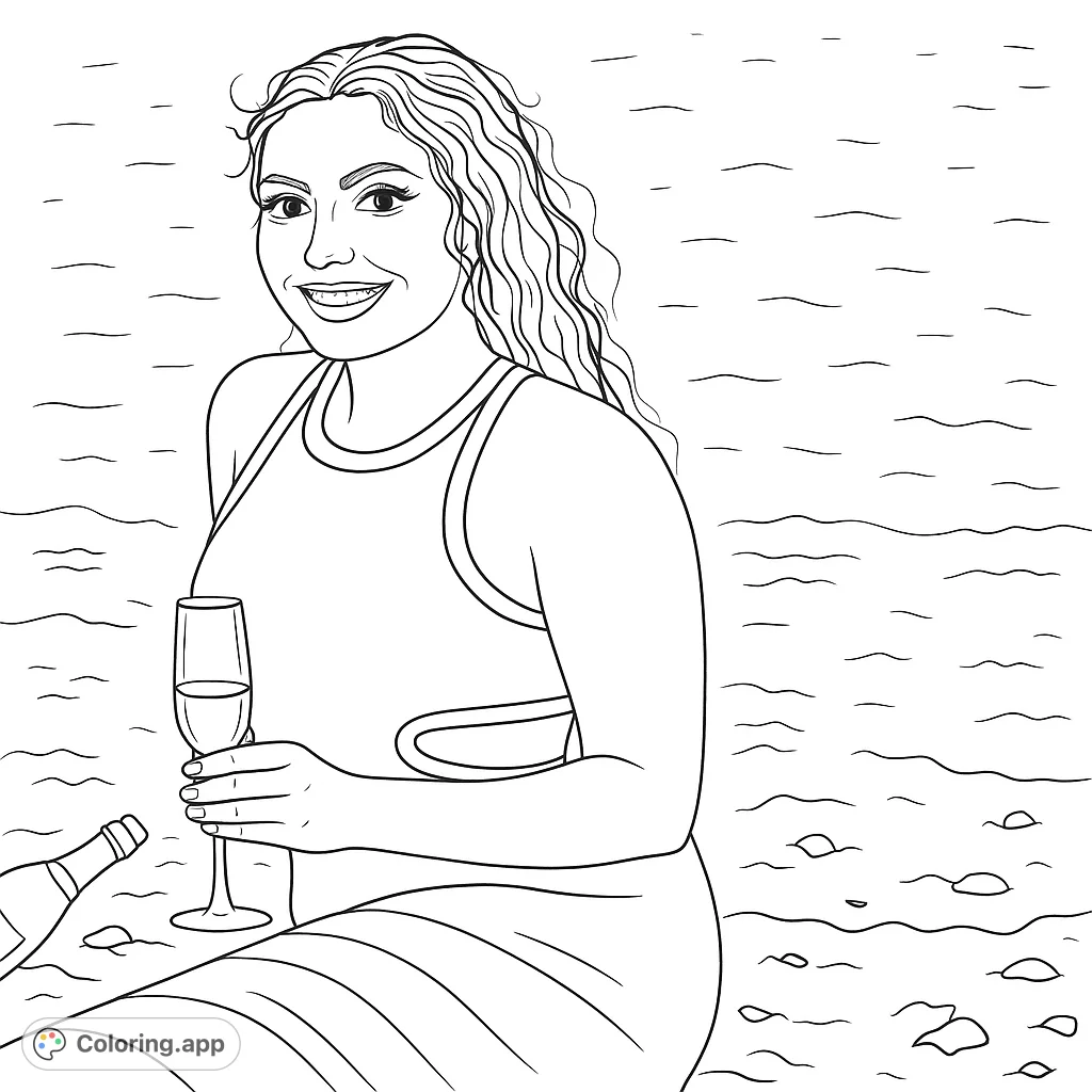 Joyful woman on a sandy beach, holding a champagne flute, with wavy hair and a stylish dress. A relaxing beach celebration free printable coloring page.