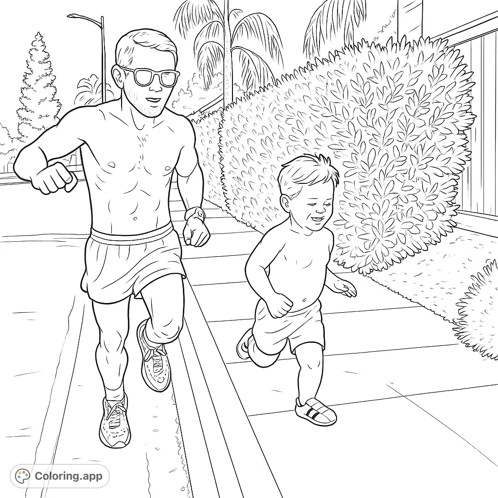 Capture the joy of a father and son running together on a sunny day. This free printable running coloring page features dynamic poses and outdoor fun.