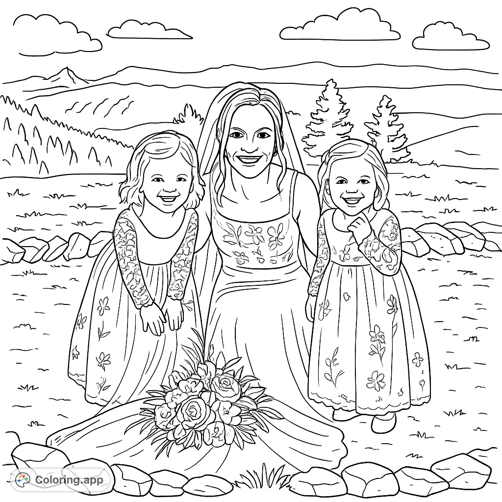 A joyful bride kneels with two smiling flower girls in white dresses, set against a scenic mountain backdrop. Perfect for wedding-themed coloring.