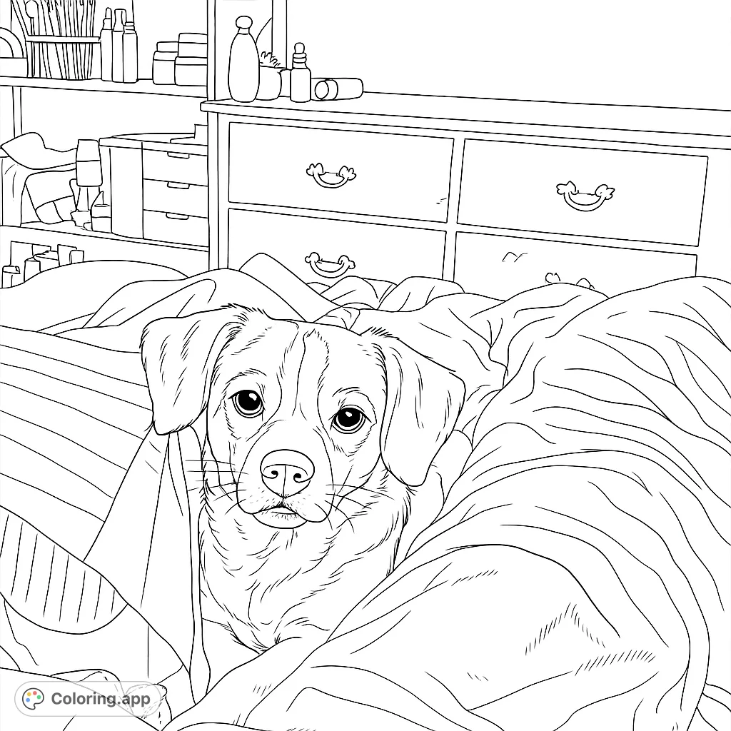 A charming dog rests cozily on a soft blanket next to a crinkled paper bag, ready for a delightful coloring experience. Free printable dog coloring page for kids and adults.