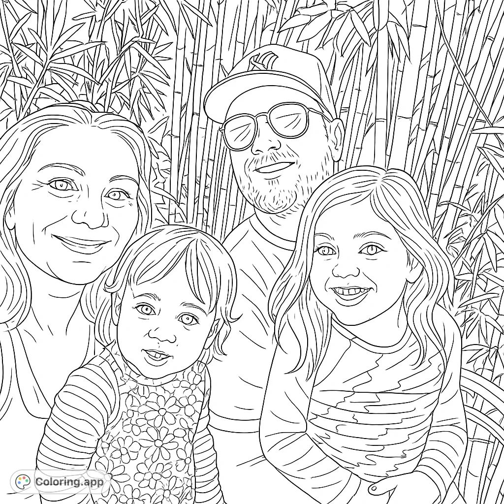 A joyful family portrait featuring two adults and two children, set against a lush bamboo forest background, perfect for a family coloring page.