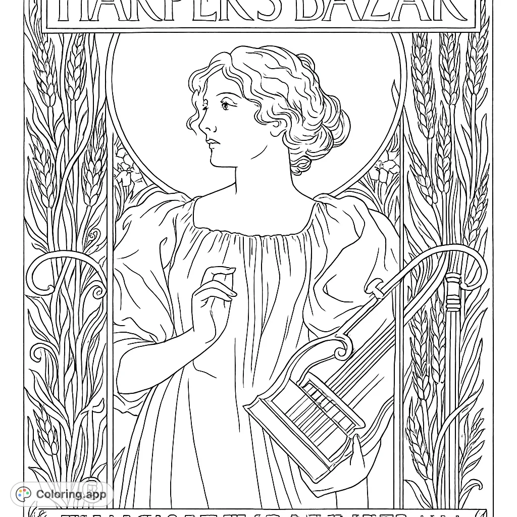 Elegant harvest muse with a lyre, framed by bountiful corn and wheat stalks, offering a serene and classical coloring page experience.