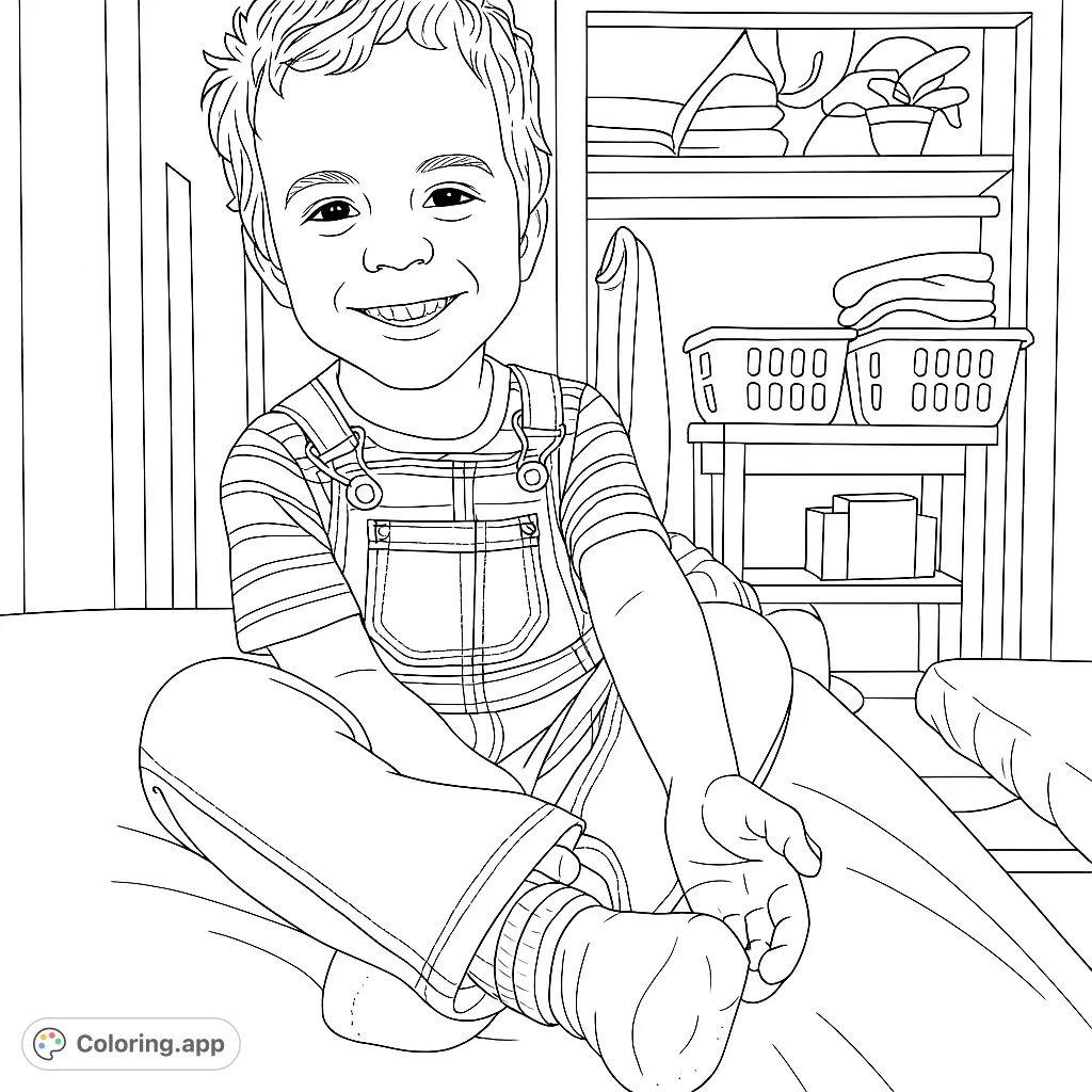 A delightful child coloring page featuring a smiling boy in denim overalls, a free printable for kids and adults to enjoy. Perfect for a happy coloring session.