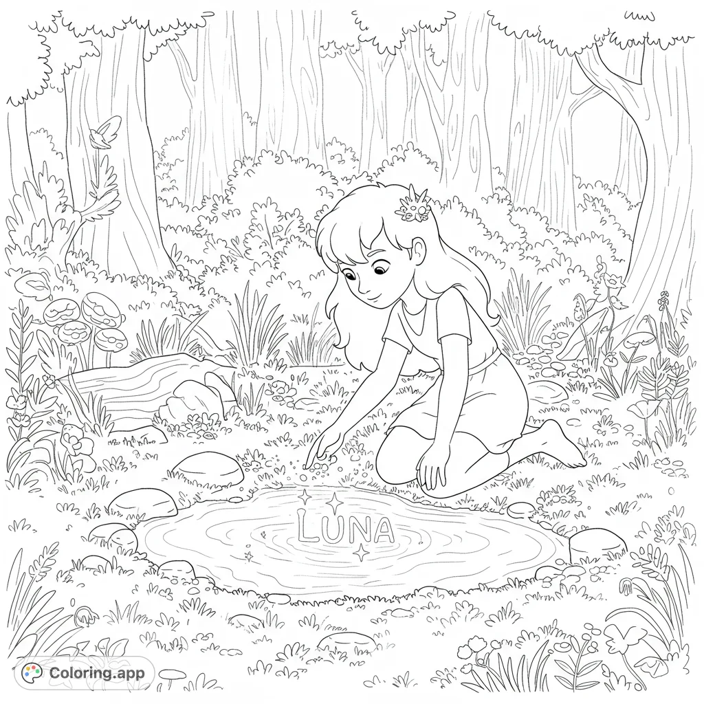 Discover Luna dipping her finger into a magical, star-reflecting pond on a mossy patch in a whimsical forest, perfect for a magical forest coloring page.