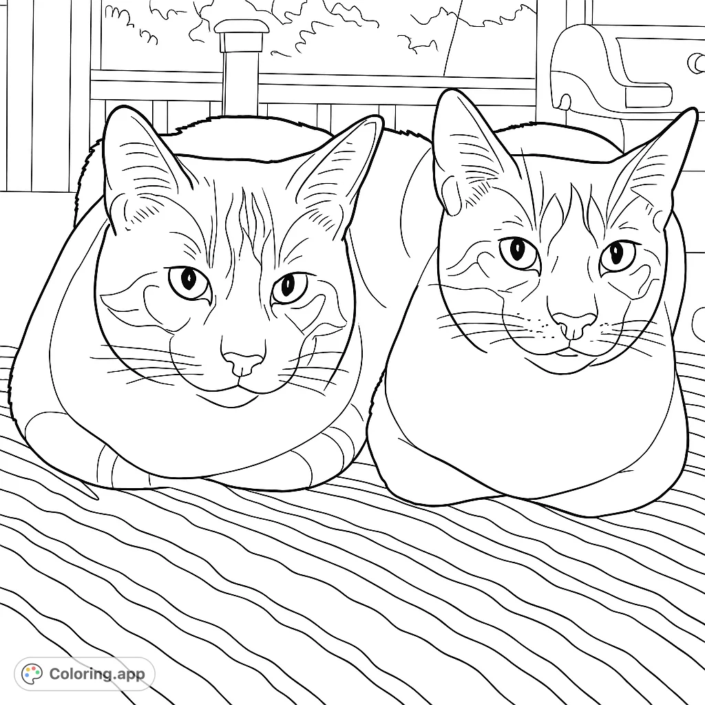 A charming black and white line drawing of two domestic cats sitting side-by-side in a cozy loaf position, perfect for cat lovers.