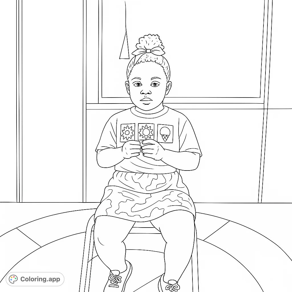 A charming coloring page featuring a young girl with a bow in her hair, sitting on a vibrant rainbow rug, perfect for kids and creative expression.