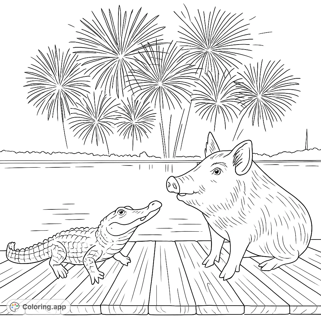 A curious alligator and a large pig meet on a dock under a sky bursting with colorful fireworks over a serene lake. A unique, fun scene for all ages.