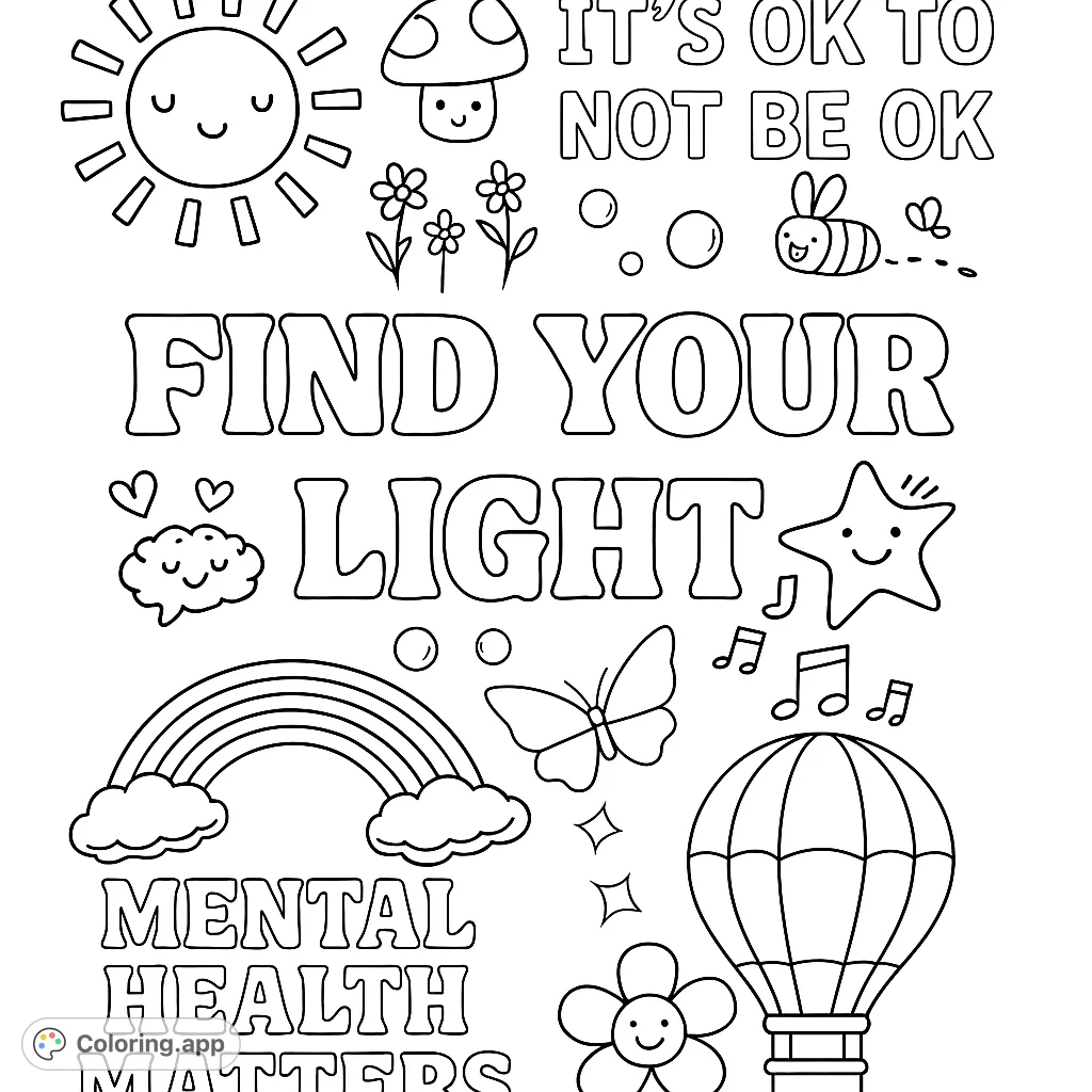 A cheerful collection of whimsical elements like a smiling sun, rainbow, and happy star, perfect for a positive well-being coloring page.