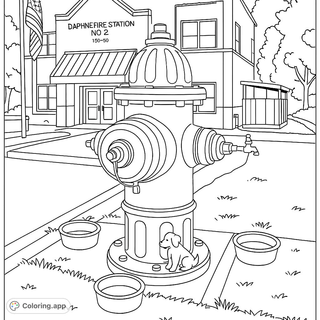 Color a detailed fire hydrant scene with a charming dog figurine, set against a fire station building. Perfect for all ages to explore community heroes.