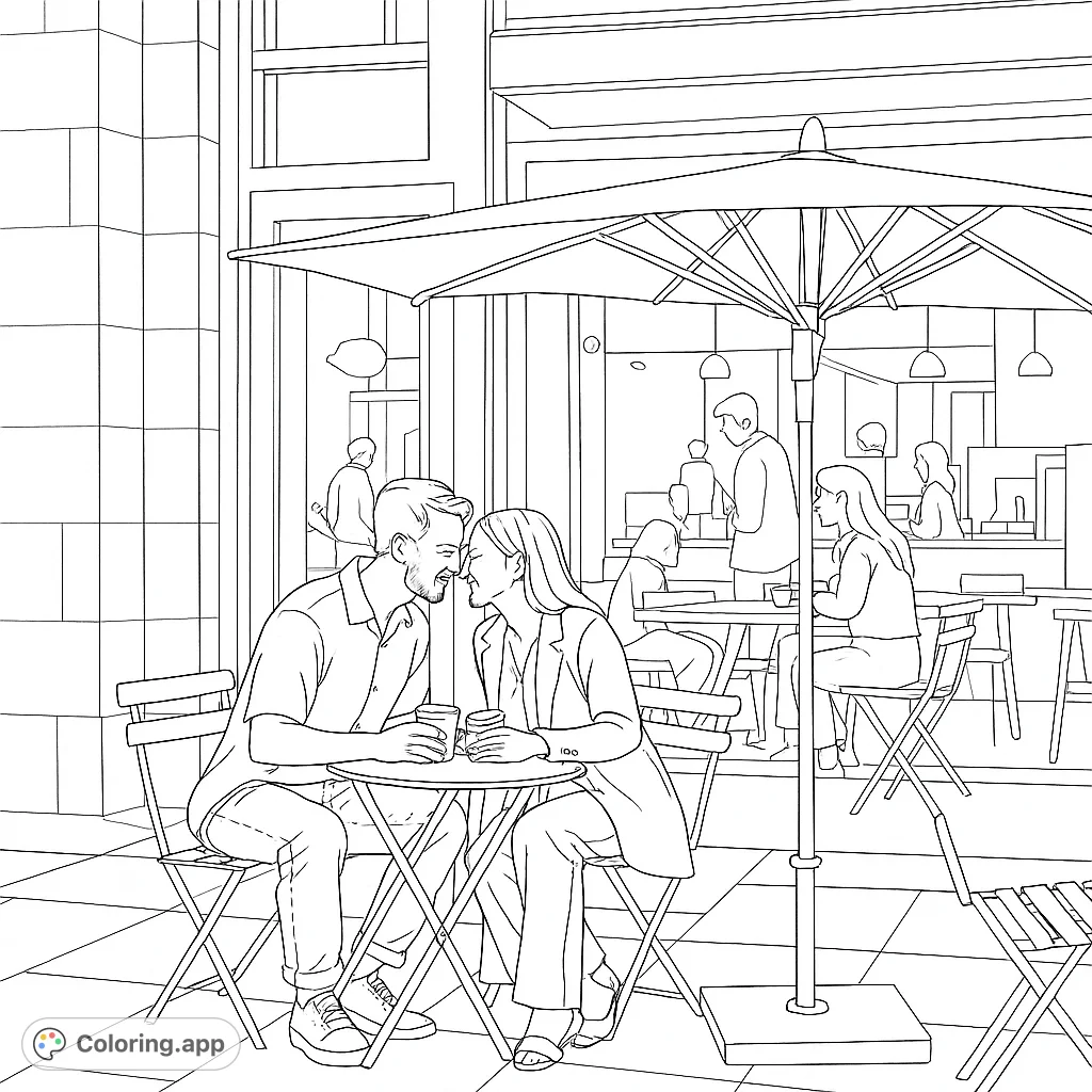 A charming urban cafe scene featuring a couple sharing a tender kiss at an outdoor table. Perfect for a romantic coloring page.