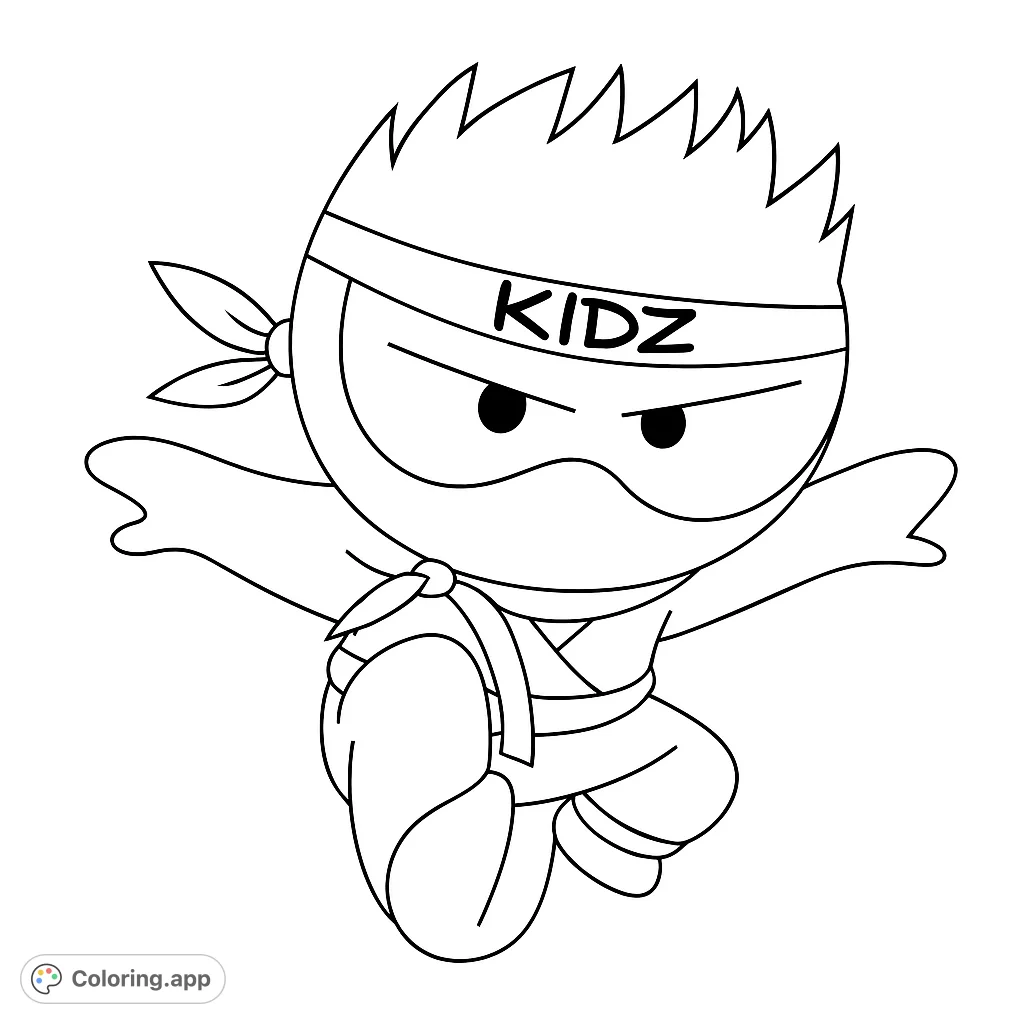 A dynamic ninja character in a classic pose, perfect for a fun ninja coloring page. Free printable coloring page for kids and adults.