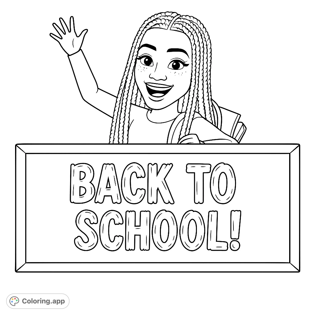 A cheerful student with braided hair waves, standing behind a blank chalkboard with a backpack visible. Perfect for school-themed coloring fun!