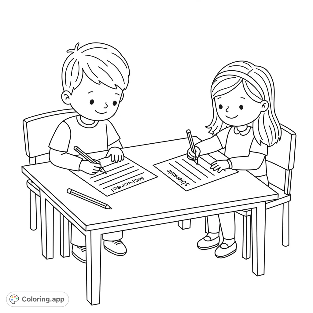 A heartwarming Thanksgiving coloring page featuring two children writing a gratitude list, perfect for teaching thankfulness and fine motor skills.