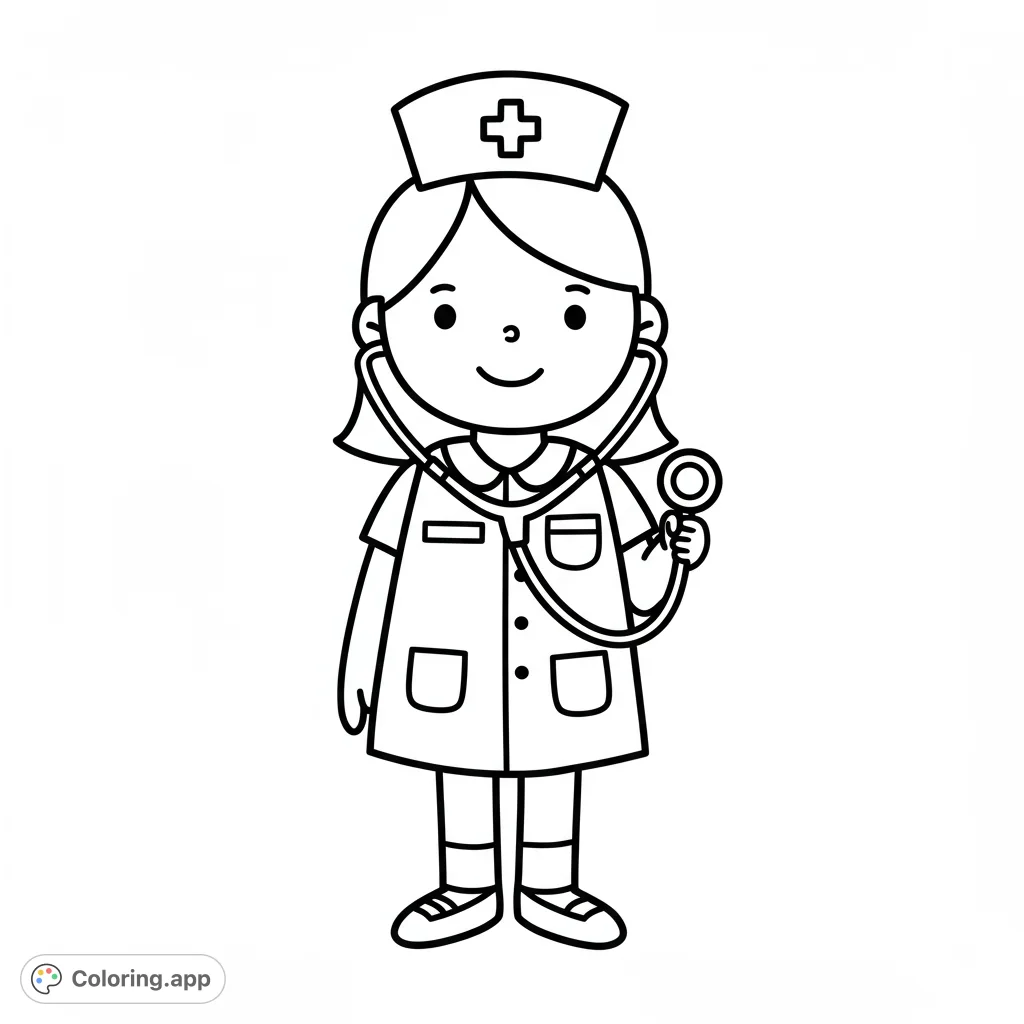 A friendly female school nurse ready to help, designed with simple, clear lines for easy coloring by young children. Perfect for kindergarteners.