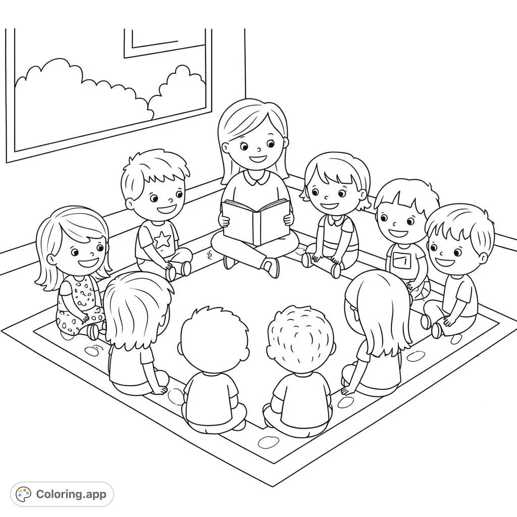 A delightful circle time coloring page featuring happy kindergarten friends and their teacher, perfect for welcoming new students to school routines.