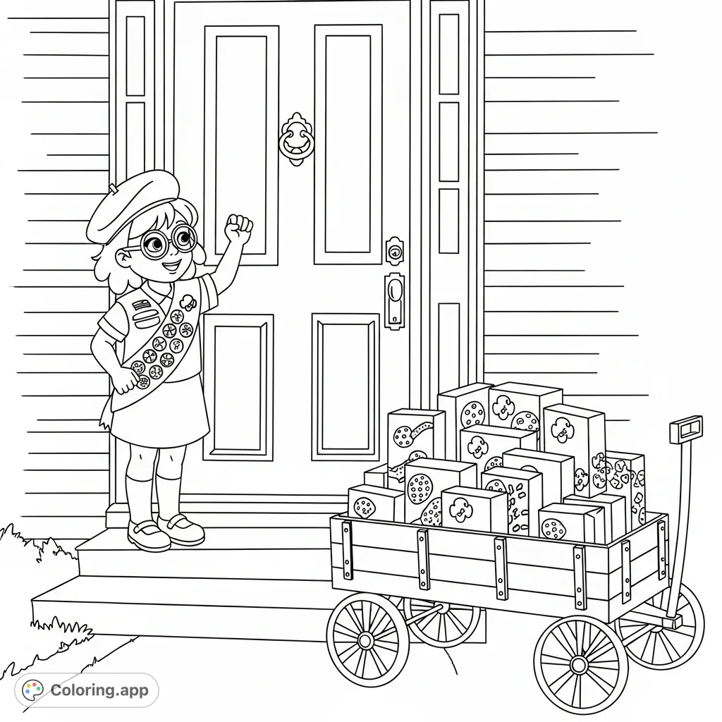 A charming Daisy Girl Scout, with spectacles, on a porch step with a wagon full of cookies, ready to knock on a detailed front door.
