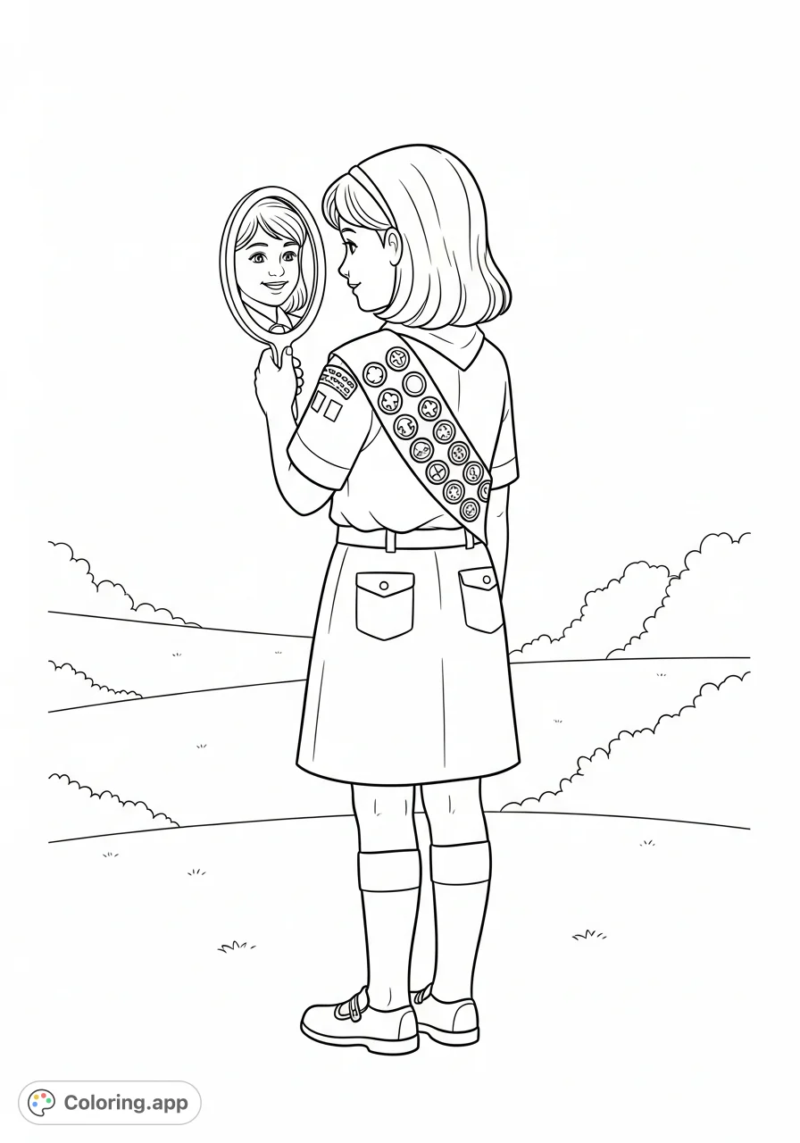 Capture a smiling girl scout reflecting on her achievements in a hand mirror. A delightful scene for budding artists and scouting enthusiasts.