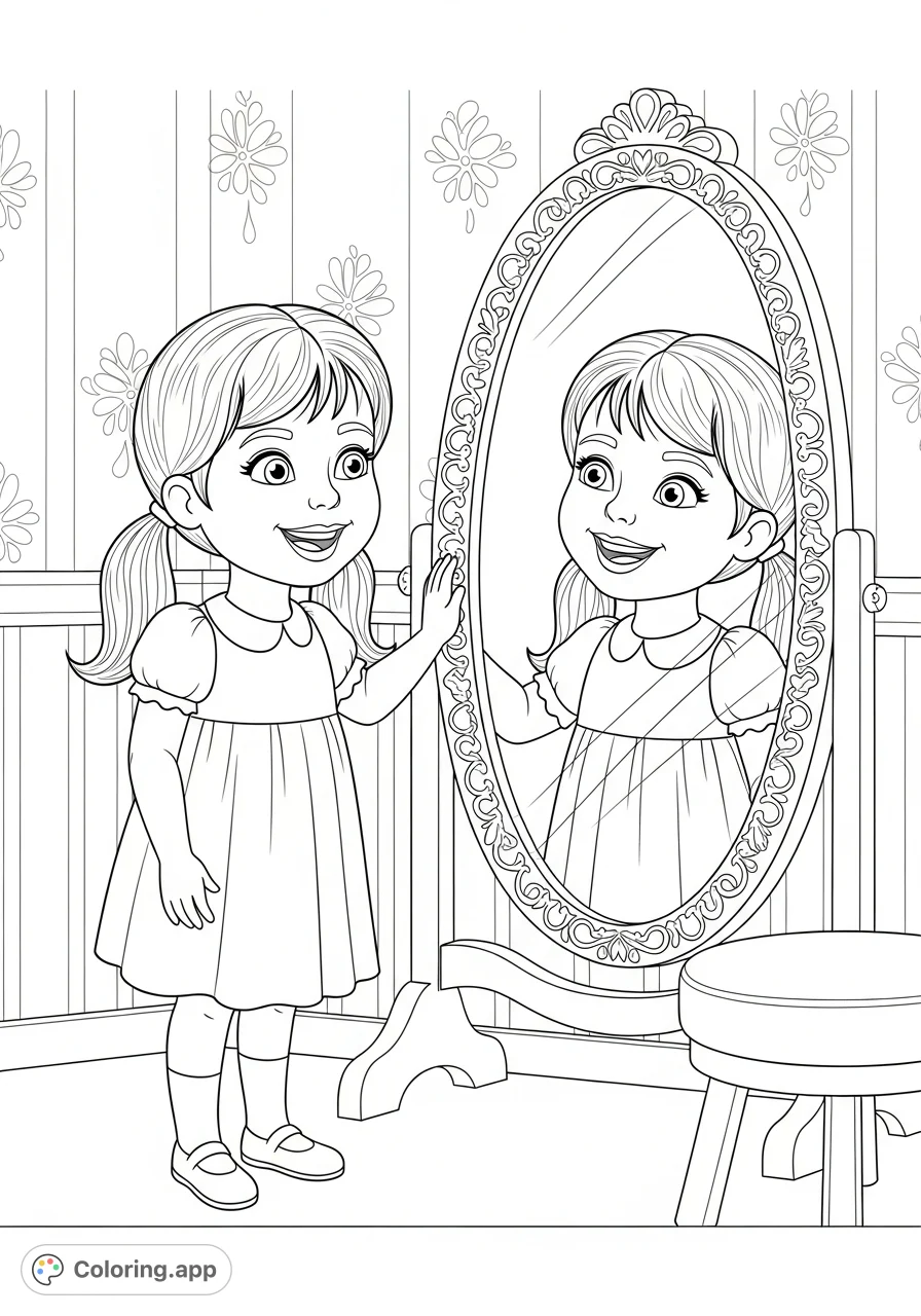Capture a heartwarming moment of a 5-year-old girl beaming at her reflection in a decorative mirror. Perfect for young artists to express joy and creativity!