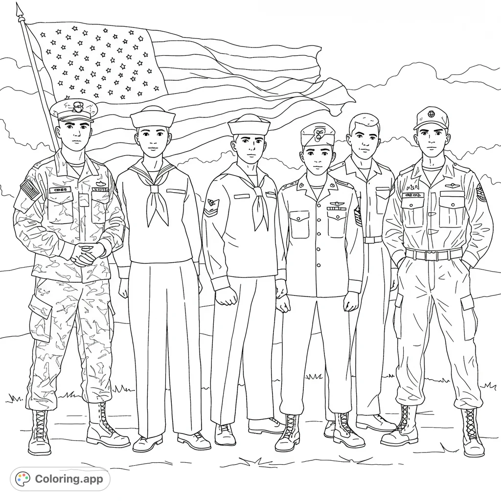 Celebrate Veterans Day with this free printable coloring page featuring diverse service members from the Army, Navy, Marines, Air Force, Coast Guard, and National Guard.