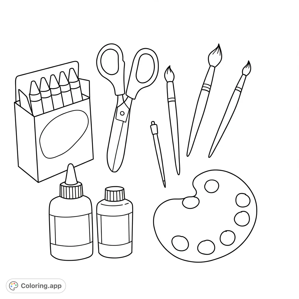 A delightful art supplies coloring page for kindergarteners, featuring simple, bold outlines of crayons, scissors, glue, and paint tools for easy coloring.
