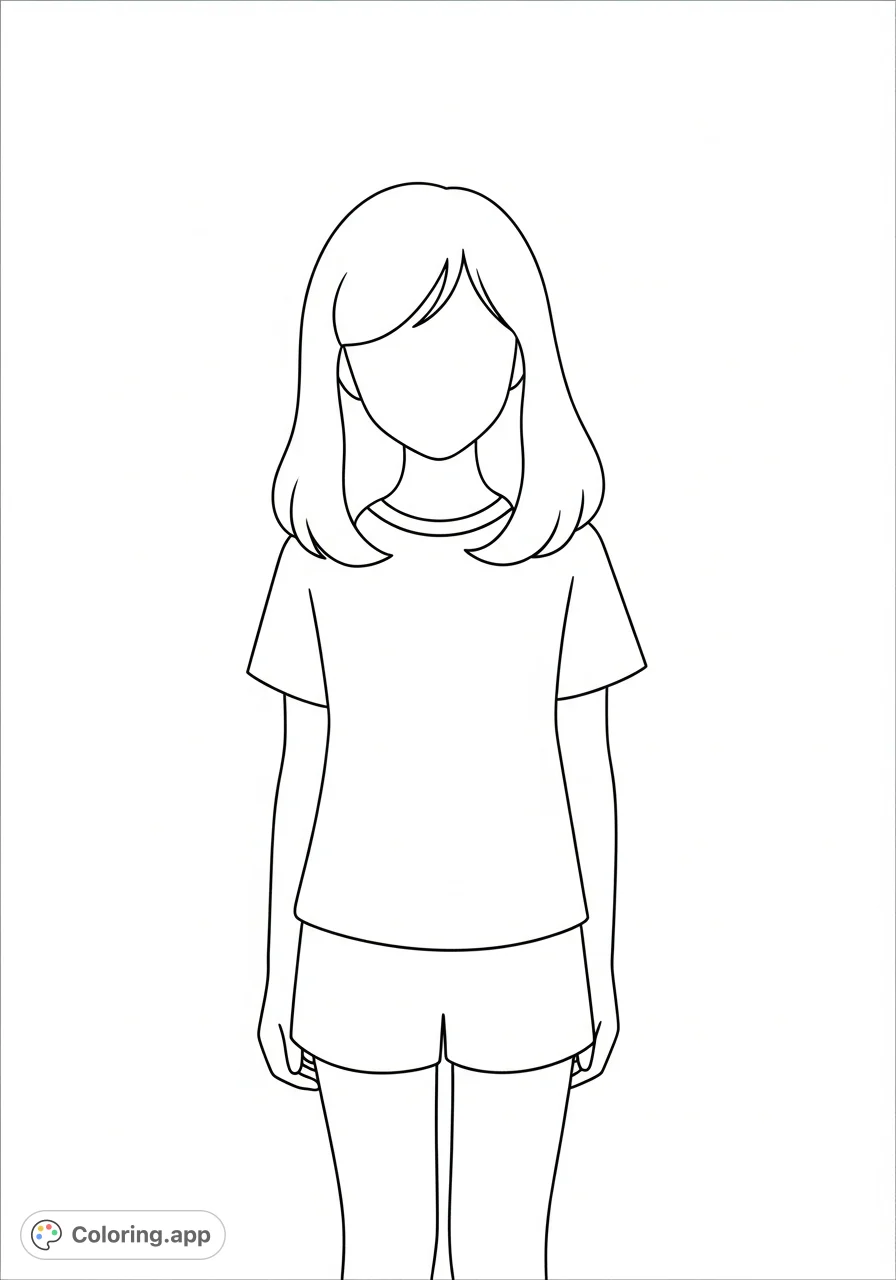 A minimalist coloring page featuring a simple outline of a little girl with shoulder-length hair, wearing a shirt and shorts, perfect for basic coloring fun!