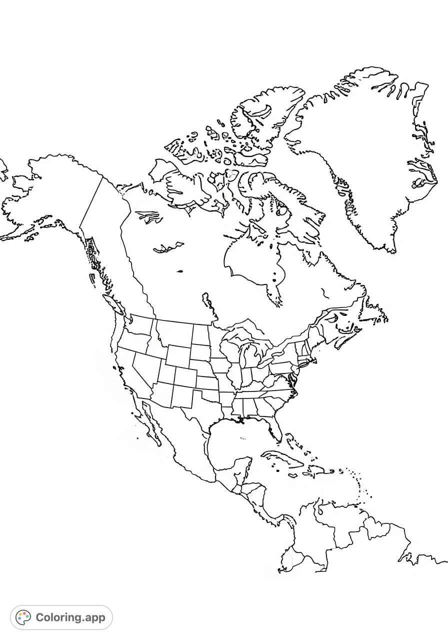 Explore a free printable North America coloring page featuring clear outlines of Greenland, Canada, USA, and Mexico, perfect for geography learning.