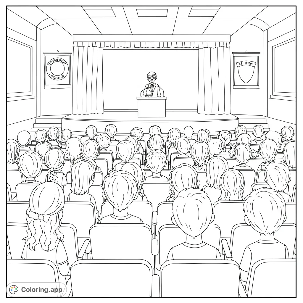 A welcoming school assembly coloring page featuring friends seated in an auditorium, listening to the principal. Perfect for kindergarteners!