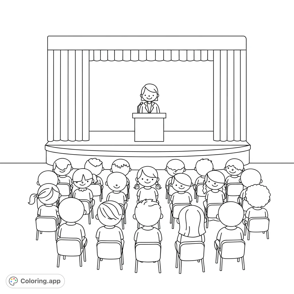 A welcoming school assembly coloring page featuring happy children seated in an auditorium, listening to their principal speak on stage. Perfect for new students!