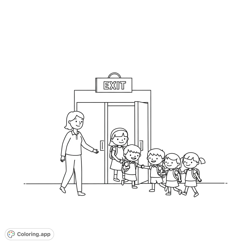 A simple, clear fire drill coloring page showing kindergarteners calmly exiting a school, perfect for teaching safety. Free printable coloring page.