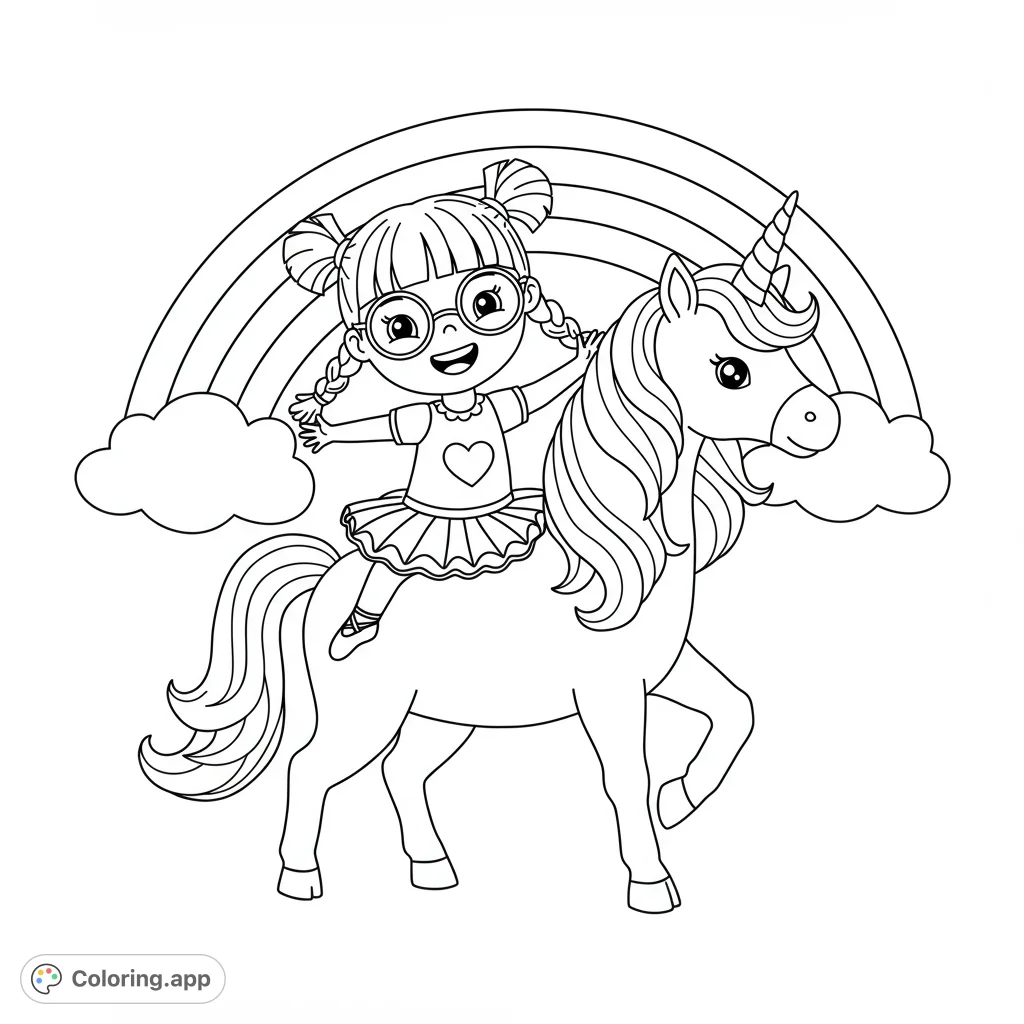 A joyful 5-year-old girl with pigtails and glasses, wearing a heart-tutu, rides a majestic unicorn under a vibrant rainbow. Perfect for magical coloring fun!