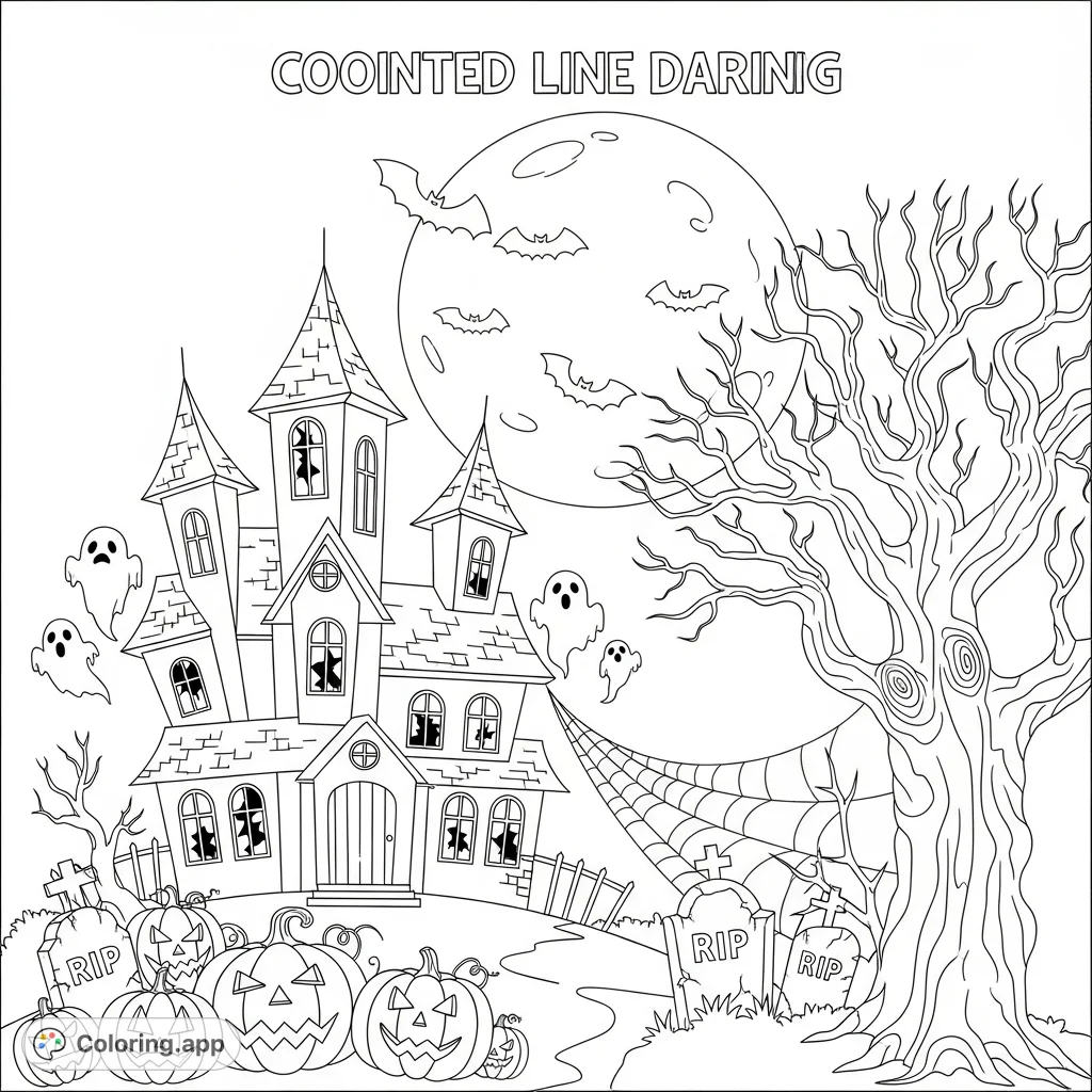 Explore a classic Halloween haunted house scene with bats, pumpkins, tombstones, and ghosts. A fun, spooky coloring adventure awaits!
