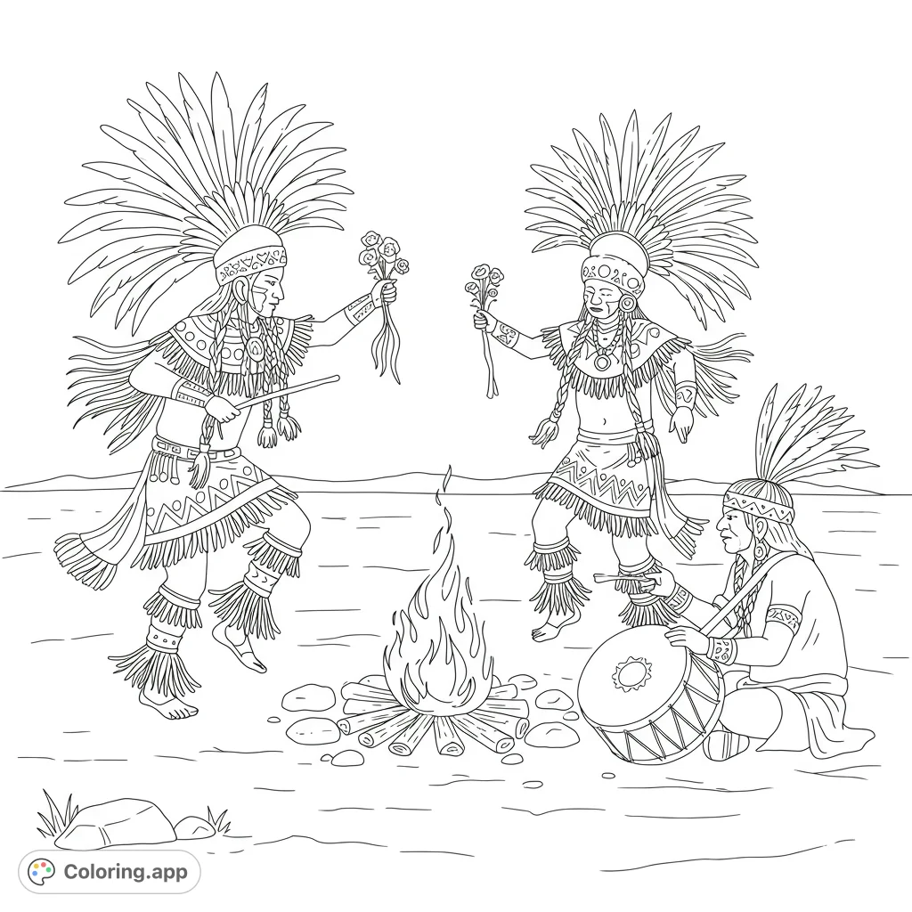 A vibrant pow-wow scene with dancers in traditional regalia and a drummer by a fire, perfect for a cultural celebration coloring page.