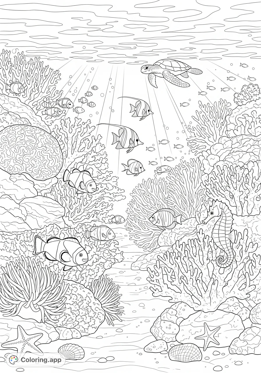 Explore a bustling underwater coral reef scene, a free printable coloring page teeming with diverse marine life. Features intricate corals, tropical fish, a graceful sea turtle, and more for endless creative coloring.