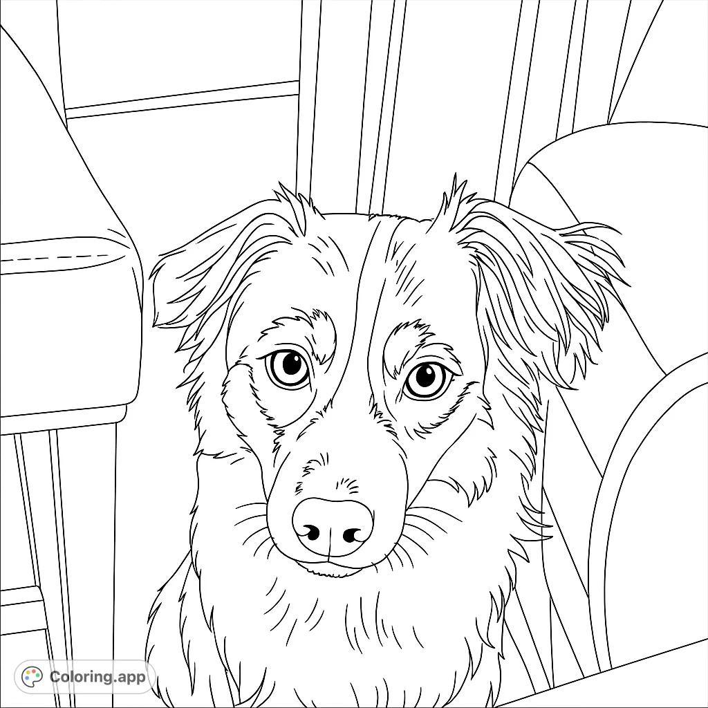 A charming tri-color dog portrait, perfect for coloring. Features expressive eyes, distinct fur patterns, and a simple background.
