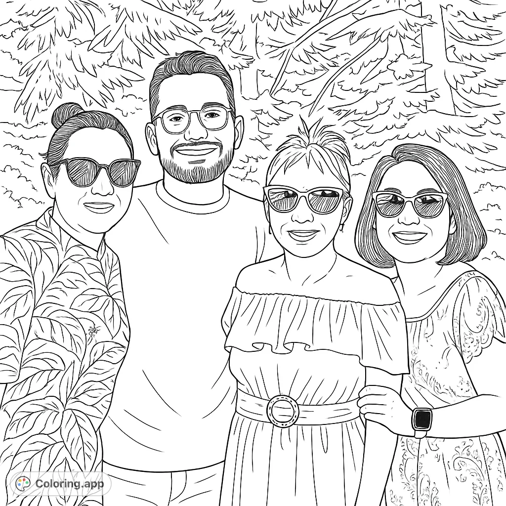A joyful group of four friends posing outdoors, featuring detailed clothing patterns and lush natural background for a delightful coloring experience.
