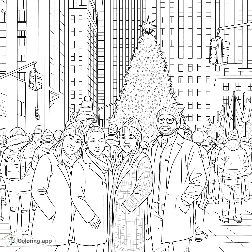 Celebrate the holidays with friends amidst a dazzling city Christmas tree. A festive scene perfect for joyful coloring.