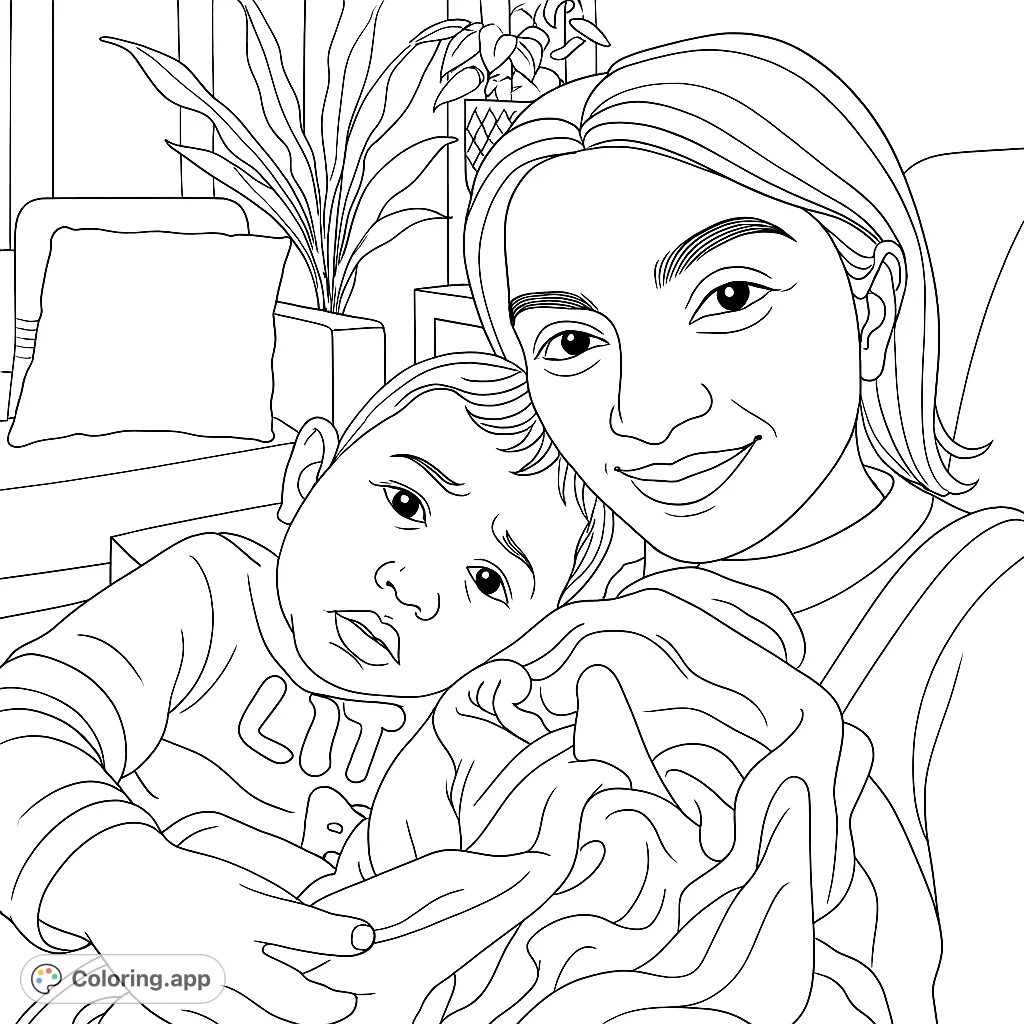 A tender moment between a mother and child, embracing warmly. Features detailed faces, a cozy blanket, and a homey background with plants and furniture.