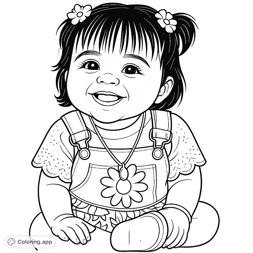 Adorable baby in denim overalls with a daisy, smiling sweetly. Perfect for a heartwarming coloring experience for all ages.