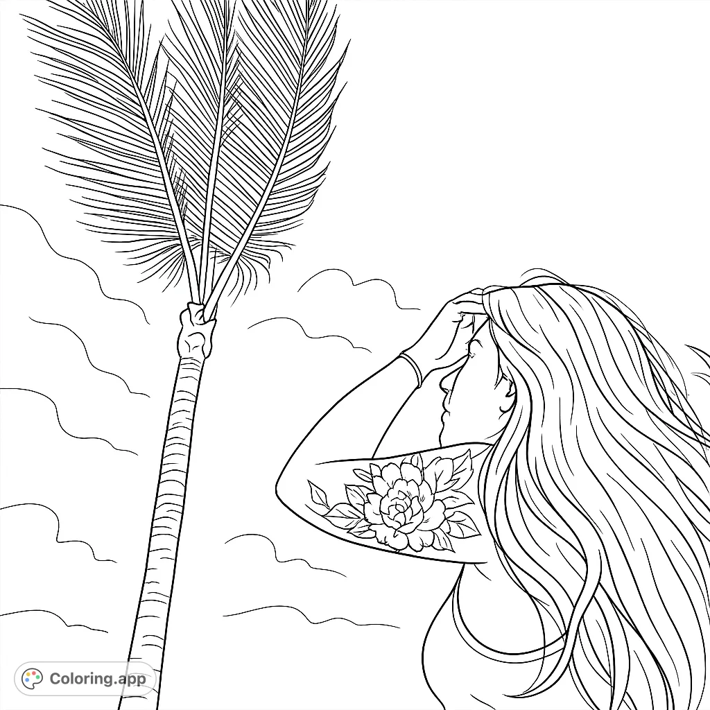 A serene tropical scene featuring a person with flowing hair and a palm tree against a cloudy sky. Perfect for a relaxing coloring escape.