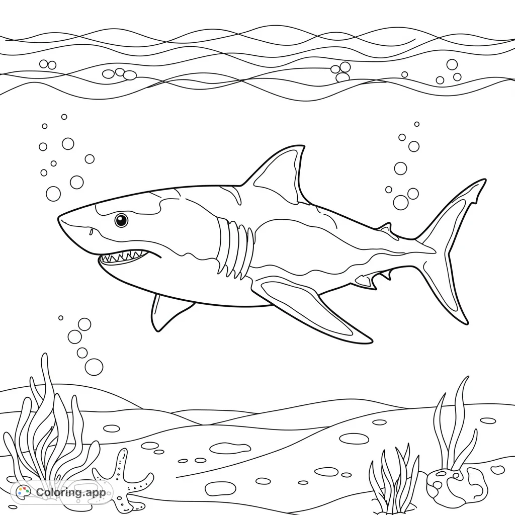 Dive into the ocean with this realistic great white shark coloring page! A free printable design perfect for marine life enthusiasts and creative kids.
