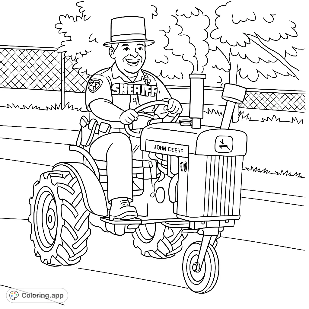 A smiling sheriff officer drives a classic John Deere tractor, ready for a fun coloring adventure.