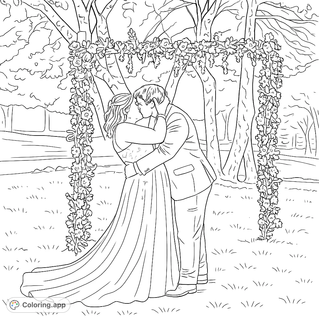 A romantic wedding scene featuring a couple kissing under a beautiful floral arch, perfect for celebrating love and intricate details.