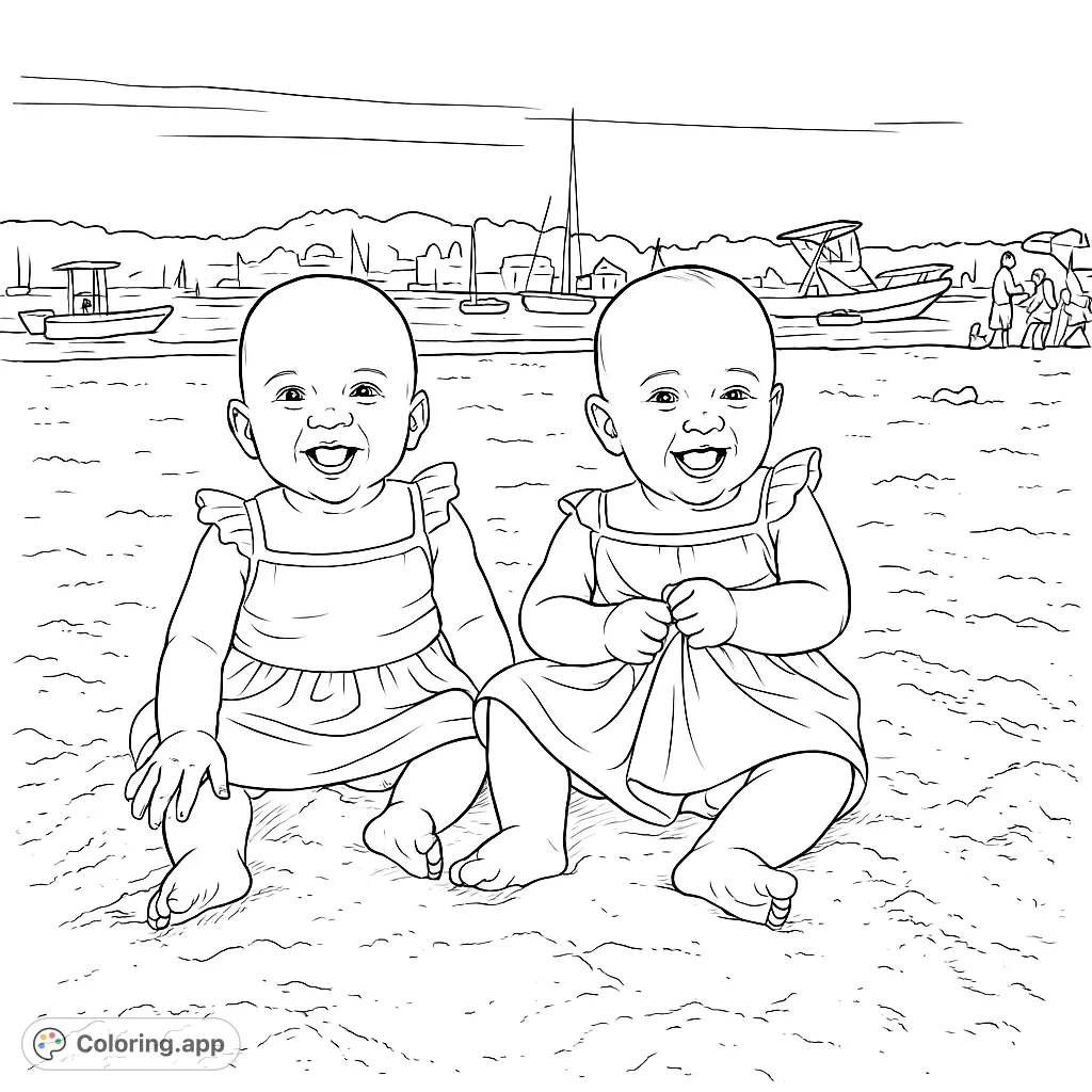 Capture the joy of two adorable baby twins smiling on a sandy beach, with distant boats and a serene shoreline. Perfect for a heartwarming coloring experience.