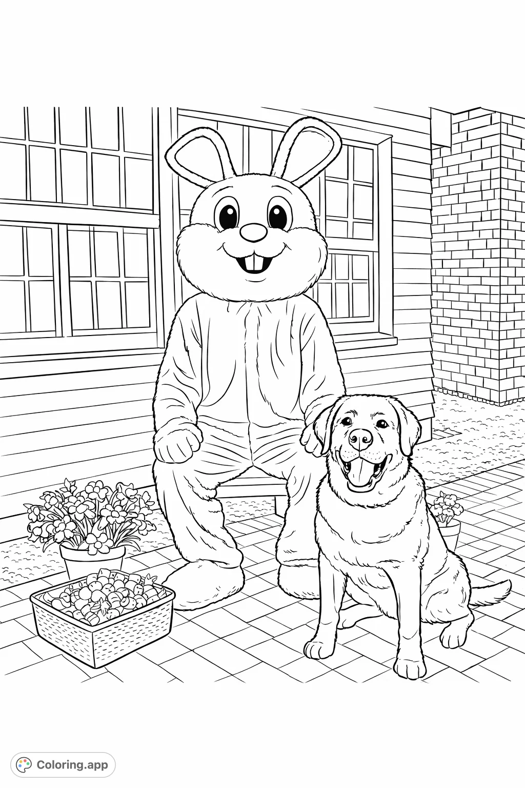A cheerful bunny character sits with a friendly dog, surrounded by a basket of treats and spring flowers, ready for a delightful coloring adventure.